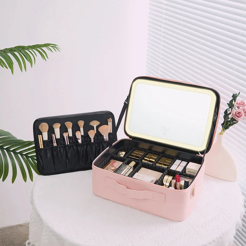 LED Makeup Case with Mirror – Large Capacity Portable Cosmetic Organizer