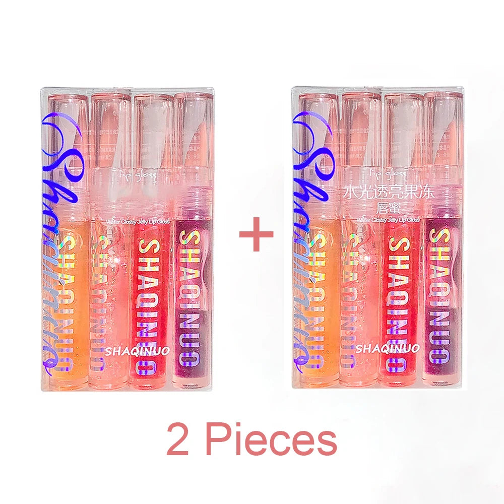 4-Piece Jelly Mirror Lip Gloss Set – Hydrating Shine with Pearl Shimmer & Color Boost